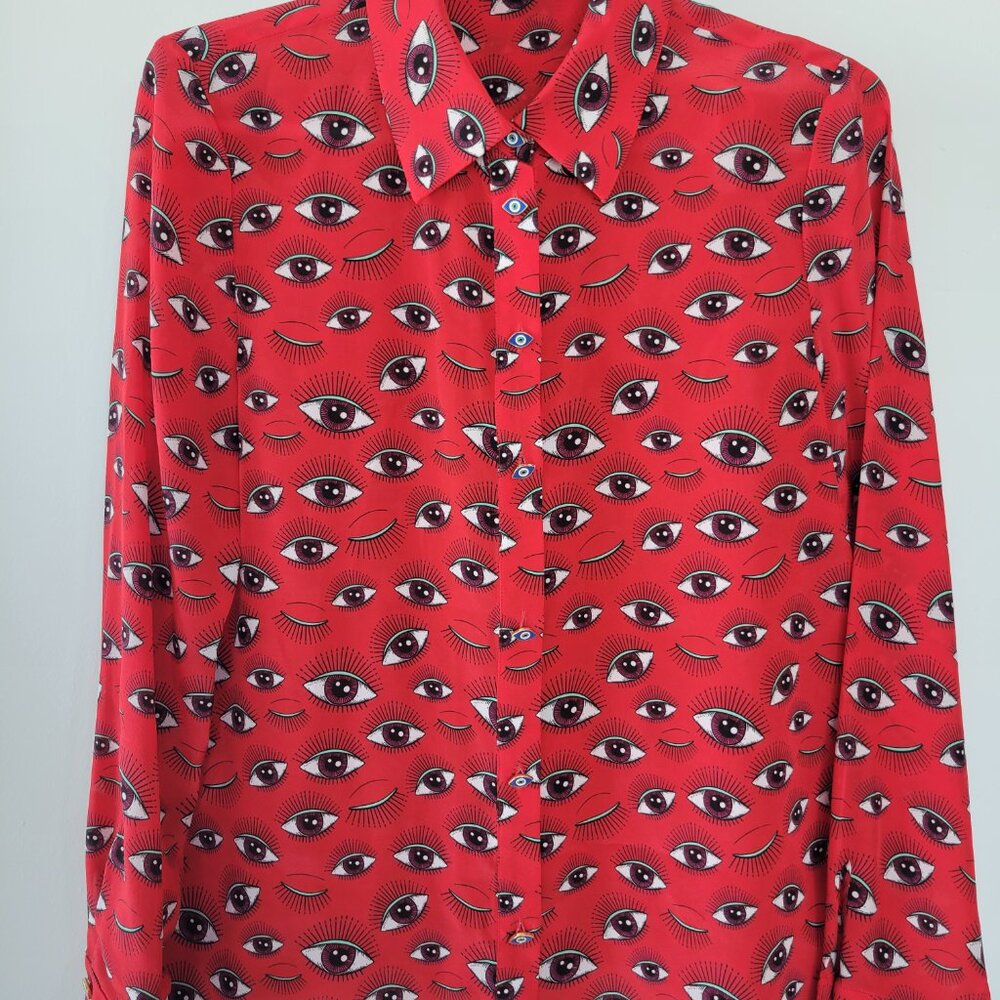 Alice + Olivia Willa Eye Candy Printed Silk Button Up Blouse SIZE S